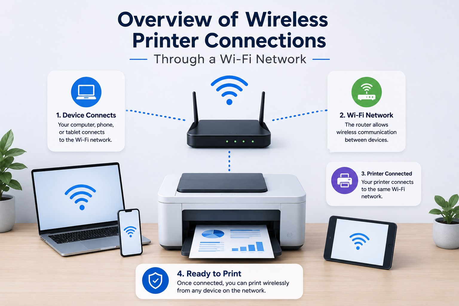 Overview of Wireless Printer Connections Through a Wi-Fi Network
